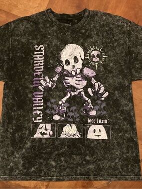 L Hot Topic Black Stonewash Skeleton Graphic Tee with Purple Accents